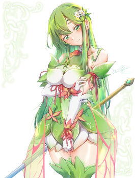1girl alternate_costume bare_shoulders blush boots bracelet breasts choker clear_glass_(mildmild1311) closed_mouth dress elbow_gloves fire_emblem fire_emblem:_mystery_of_the_emblem fire_emblem:_shadow_dragon fire_emblem:_shadow_dragon_and_the_blade_of_light fire_emblem_echoes:_shadows_of_valentia fire_emblem_heroes flower flower_bracelet flower_choker gloves gradient_clothes green_boots green_dress green_eyes green_hair green_pupils hair_flower hair_ornament highres holding holding_polearm holding_weapon jewelry lance large_breasts long_hair looking_at_viewer nintendo official_alternate_costume palla_(fire_emblem) palla_(resplendent)_(fire_emblem) polearm short_dress smile solo thigh_boots weapon