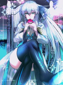 1girl black_bow blue_eyes blue_nails bow braid crossed_legs fate/grand_order fate_(series) flower hair_between_eyes hair_bow half_up_braid high_heels long_hair looking_at_viewer morgan_le_fay_(fate) morgan_le_fay_(second_ascension)_(fate) ponytail red_flower red_rose rose satou_nui sitting solo thighhighs throne white_hair
