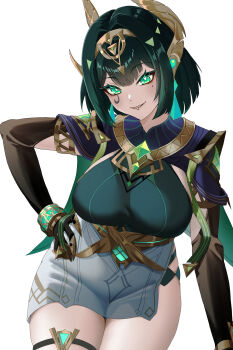 1girl absurdres armlet breasts commentary_request cowboy_shot face_piercing facial_mark fangs genshin_impact green_eyes green_hair hand_on_own_hip headpiece highres jewelry large_breasts lhofi lip_piercing miniskirt mole mole_under_eye nefer_(genshin_impact) parted_lips piercing short_hair simple_background skirt smile solo thigh_strap white_background white_skirt