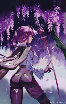1girl artist_name ass biguan_xiuxing_zhong breasts chinese_commentary commentary_request flower from_behind gloves highres holding holding_sword holding_weapon honkai:_star_rail honkai_(series) jacket jacket_on_shoulders kafka_(honkai:_star_rail) katana long_sleeves looking_at_viewer looking_back petals ponytail purple_eyes purple_hair shirt solo sword thigh_strap watermark weapon weibo_watermark white_shirt wisteria