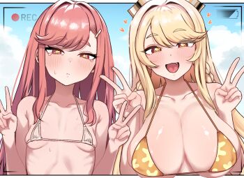 ashur_(trickcal) battery_indicator bikini blonde_hair blush braid breast_envy breasts cleavage collarbone commentary_request day double_v erpin_(trickcal) fang gamma_(criticism-motor) hair_ornament hairclip hands_up heart highres korean_commentary large_breasts long_hair micro_bikini open_mouth outdoors recording red_eyes red_hair sky small_breasts smile string_bikini swimsuit trickcal v very_long_hair video_camera white_bikini yellow_bikini yellow_eyes