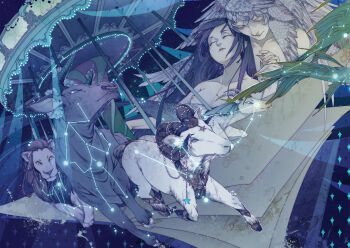 2girls akai_kamoshi blue_background book breasts bull carousel closed_eyes closed_mouth collarbone constellation feather_hair feathered_wings fingernails goat head_wings highres lion lips long_hair medium_breasts multiple_girls multiple_wings nipples open_book original purple_hair star_(sky) topless_female turning_page upper_body very_long_hair white_hair white_wings wings