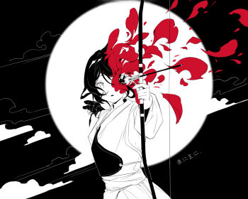 Rule 34 | 1girl, alternate body fluid, archery, arrow (projectile), bow (weapon), circle, cloud, commentary request, cowboy shot, explosion, expressionless, floating hair, flower, flower request, from side, gloves, greyscale, hakama, highres, holding, holding bow (weapon), holding weapon, hole in head, injury, japanese clothes, kimono, kyuudou, looking at viewer, looking to the side, manimani (vocaloid), mechari, monochrome, muneate, outstretched arms, parted lips, partially fingerless gloves, partly fingerless gloves, petals, red flower, short hair, solo, song name, spot color, translation request, weapon, wide sleeves, yugake, yumi (bow)