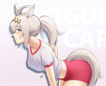1girl absurdres alternate_costume animal_ears blue_eyes blush breasts commentary grey_hair highres horse_ears horse_girl horse_tail large_breasts leaning_forward looking_at_viewer midriff oguri_cap_(umamusume) original_race_uniform_(umamusume) pink_shorts ponytail shirt short_sleeves shorts sideways_glance simple_background solo sweat tail thick_thighs thighs umamusume white_background white_shirt yuki_(yuk1_94)