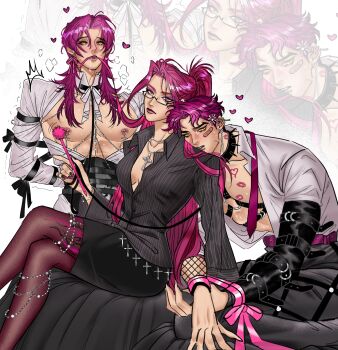 1girl 2boys abby_(kpop_demon_hunters) absurdres bandaid bandaid_on_face closed_mouth collared_shirt commentary crossed_legs english_commentary femdom fier_ce glasses heart highres holding holding_leash jewelry kpop_demon_hunters leash lipstick_mark long_hair looking_at_viewer mira_(kpop_demon_hunters) multiple_boys multiple_views necklace nipple_piercing pantyhose piercing pink_hair ponytail romance_(kpop_demon_hunters) shirt short_hair sidelocks striped_clothes striped_shirt vertical-striped_clothes vertical-striped_shirt white_shirt yellow_eyes