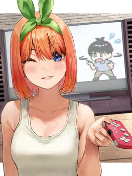1boy 1girl 8-bit blue_eyes breasts cleavage collarbone controller game_controller go-toubun_no_hanayome green_ribbon hair_ribbon highres holding holding_controller holding_game_controller indoors ishiyuki looking_at_viewer medium_breasts medium_hair nakano_yotsuba one_eye_closed orange_hair parted_lips ribbon shirt t-shirt television uesugi_fuutarou white_shirt