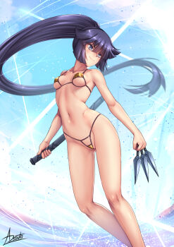 Rule 34 | 1girl, adsouto, akatsuki (log horizon), between fingers, bikini, blue eyes, blue hair, blue sky, breasts, closed mouth, collarbone, day, floating hair, hair between eyes, high ponytail, highleg, highleg bikini, highres, holding, holding knife, holding sheath, knife, knives between fingers, log horizon, long hair, micro bikini, outdoors, ponytail, sheath, shiny skin, signature, sky, small breasts, smile, solo, swimsuit, underboob, v-shaped eyebrows, very long hair, yellow bikini