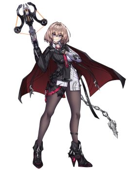 1girl bandaid bandaid_on_cheek bandaid_on_face black_boots black_jacket black_pantyhose blue_eyes boots bow_(weapon) breasts brown_hair commentary_request crossbow full_body highres holding holding_crossbow holding_weapon honkai_(series) honkai_impact_3rd jacket lantern_(honkai_impact) large_breasts looking_at_viewer pantyhose short_hair simple_background solo tor_ai two-tone_shirt weapon white_background