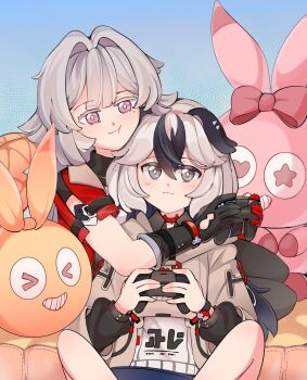 >_< 2girls :t animal_ears black_gloves black_hair blush closed_mouth controller coralie_6626_planck couch dog_ears erdos_helia game_controller gloves grey_eyes grey_hair hair_between_eyes hair_intakes hair_ornament highres holding holding_controller holding_game_controller honkai_(series) honkai_impact_3rd hood hug imannanuy jacket long_hair long_sleeves looking_at_viewer mole mole_under_eye multicolored_hair multiple_girls pink_eyes playing_games playstation_controller shirt short_sleeves shorts sitting smile streaked_hair stuffed_animal stuffed_toy two-tone_hair white_hair