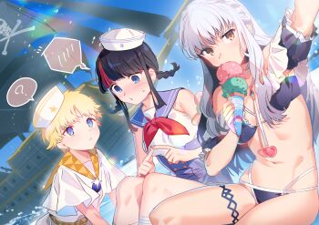 1boy 2girls ? absurdres arm_up bikini black_hair blonde_hair blue_bikini blue_eyes blue_sailor_collar braid breasts caren_hortensia caren_hortensia_(angel_heart) commentary_request crown_braid eating fate/grand_order fate_(series) food groin hat heart highleg highleg_bikini highres holding holding_ice_cream_cone ice_cream ice_cream_cone index_fingers_together long_hair medium_breasts multicolored_hair multiple_girls navel neckerchief noko_morokoshi pirate_ship red_hair red_neckerchief red_streaks sailor_collar sailor_hat selfie spoken_blush spoken_question_mark stomach streaked_hair swimsuit thigh_strap twin_braids utsumi_erice utsumi_erice_(swimsuit_avenger)_(second_ascension) voyager_(fate) white_hair yellow_eyes