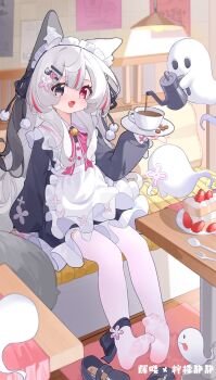 1girl animal_ears apron black_dress black_eyes blush breasts cafe cake cake_slice coffee_mug coffee_pot cup dress fang food fork fox_ears fox_girl full-face_blush full_body ghost hair_between_eyes hair_ornament hairclip hanging_light heterochromia highres holding holding_saucer long_hair looking_at_viewer maid maid_apron maid_headdress mug ningmeng_jing_jing_jing_jing open_mouth original red_eyes saucer serving shoes sitting small_breasts smile soles solo spoon star-shaped_pupils star_(symbol) strawberry_shortcake symbol-shaped_pupils table thighhighs toes unworn_shoes white_apron white_hair white_headdress white_thighhighs