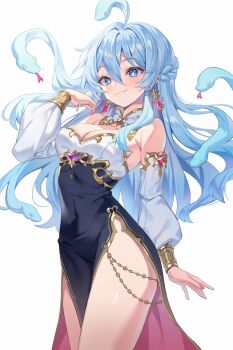 Rule 34 | 1girl, :3, absurdres, ahoge, armpit crease, bare shoulders, black dress, blue eyes, blue hair, braid, breasts, bright pupils, chinese zodiac, cleavage, closed mouth, covered navel, cowboy shot, detached collar, detached sleeves, dress, earrings, gold trim, hand up, highres, jewelry, long hair, long sleeves, looking at viewer, medium breasts, no panties, obu (da1103ll), original, pelvic curtain, sidelocks, simple background, smile, snake hair, solo, standing, strapless, strapless dress, thighs, white background, year of the snake