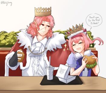 Rule 34 | 1boy, 1girl, :d, ascot, black gloves, blue bow, blue bowtie, blue shirt, bow, bowtie, box, burger, burger king crown, burlyswing, cape, cloak, closed eyes, closed mouth, collared shirt, commentary, couch, crown, crumbs, ear piercing, elbow gloves, english commentary, eyelashes, facing ahead, fast food, floating hair, food, food bite, food on face, fur-trimmed cape, fur-trimmed cloak, fur trim, gloves, haru urara (umamusume), holding, holding burger, holding food, holding potato, horse girl, light blush, looking at another, medium hair, milkshake, on couch, open mouth, piercing, pink hair, pointed crown, pointy ears, red cape, red eyes, ryegrass, ryegrass for haru urara, scar, scar on face, scar on mouth, scar on nose, school uniform, shirt, short sleeves, sidelocks, simple background, sitting, smile, sparkle, table, technoblade, three-quarter sleeves, tracen school uniform, tray, two-tone shirt, umamusume, upper body, white ascot, white background, white shirt