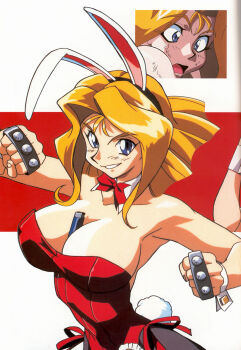 1990s_(style) 2girls animal_ears bad_tag bare_shoulders between_breasts blonde_hair blue_eyes bow bowtie brass_knuckles breasts cleavage clone erilin_goldsmith fake_animal_ears female_focus helmet highres huge_breasts kimura_takahiro large_breasts lighter multiple_girls open_mouth ova pantyhose playboy_bunny rabbit_ears rabbit_tail retro_artstyle ribbon short_hair smile surprised tail variable_geo waitress weapon wrist_cuffs