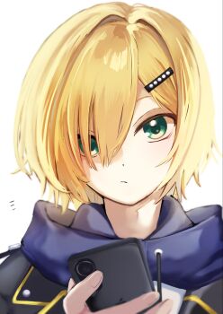 1boy backlighting black_jacket blonde_hair bloom blue_hood cellphone closed_mouth drawstring green_eyes hair_intakes hair_ornament hair_over_one_eye hairclip highres holding holding_phone hood hood_down hoodie jacket looking_at_viewer male_focus nijisanji no_headwear notice_lines phone portrait s_ssk_k short_hair simple_background smartphone solo uzuki_kou uzuki_kou_(5th_costume) virtual_youtuber white_background white_hoodie wolf_cut
