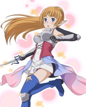 1girl armor armored_boots armored_dress armored_gloves black_gloves blue_boots blue_eyes blue_socks blue_thighhighs blush boots breasts clothing_cutout covered_navel dress dungeon_ni_deai_wo_motomeru_no_wa_machigatteiru_darou_ka elf female_focus gauntlets gloves holding holding_sword holding_weapon kneehighs lefiya_viridis long_ears long_hair medium_breasts miniskirt navel navel_cutout open_mouth orange_hair pointy_ears ponytail simple_background skirt sleeveless socks solo solo_focus sword sword_oratoria thigh_boots thighhighs very_long_hair weapon white_background white_dress white_skirt