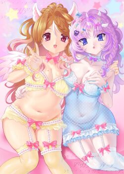 2000s_(style) 2girls :o absurdres blue_eyes breasts brown_hair cleavage commentary eyelashes fillyskywishes highres lingerie long_hair medium_breasts mole mole_on_breast multiple_girls navel open_mouth original plump purple_hair red_eyes smile stretch_marks underwear