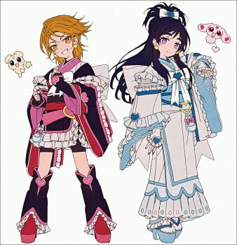 2girls black_hair black_kimono blue_nails blue_sash cure_black cure_white dress earrings fingernails frilled_dress frilled_gloves frilled_kimono frilled_skirt frilled_sleeves frills futari_wa_precure gloves hair_ribbon hakusai_(tiahszld) heart heart_earrings high_heels japanese_clothes jewelry kimono legs light_smile long_dress long_hair long_sleeves mepple mipple misumi_nagisa multiple_girls orange_eyes orange_hair platform_heels platform_shoes pouch precure purple_eyes red_sash ribbon sash short_hair simple_background skirt smile socks tomboy white_background white_kimono white_ribbon white_socks yukishiro_honoka