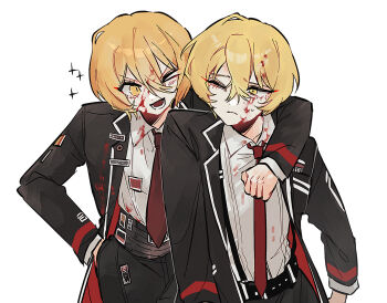 1boy 1girl allsu_official arm_around_neck belt black_belt black_jacket black_pants blonde_hair blood blood_in_hair blood_on_clothes blood_on_face clenched_hand closed_mouth collared_shirt commentary_request cowboy_shot don_quixote_(project_moon) hair_between_eyes hand_in_pocket highres jacket korean_commentary lapels limbus_company long_sleeves looking_at_another necktie number_print one_eye_closed open_clothes open_jacket open_mouth orange_eyes orange_hair pants project_moon red_necktie shirt short_hair simple_background sinclair_(project_moon) smile sparkle standing suspenders sweatdrop teeth white_background white_shirt yellow_eyes