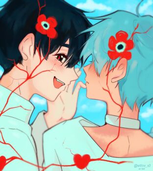 Rule 34 | 2boys, alien stage, artist name, black eyes, black hair, choker, commentary, flower, grey hair, hashtag-only commentary, highres, ivan (alien stage), male focus, multiple boys, red flower, red pupils, shirt, short hair, till (alien stage), very short hair, white choker, white shirt, willow x0