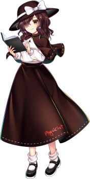 Rule 34 | 1girl, black shoes, book, bow, brown capelet, brown eyes, brown hat, brown skirt, capelet, closed mouth, full body, game asset, hair over one eye, hat, hat bow, highres, holding, holding book, long sleeves, looking at viewer, mary janes, official art, open book, ribbon-trimmed skirt, ribbon trim, rotte (1109), shirt tucked in, shoes, simple background, skirt, smile, socks, solo, third-party source, touhou, touhou lostword, transparent background, usami renko, white bow, white socks