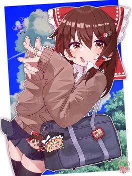 Rule 34 | 1girl, alternate costume, bag, bag charm, bandaid, bandaid on finger, bandaid on hand, black skirt, blue sky, blush, bow, brown cardigan, brown eyes, brown hair, cardigan, charm (object), cloud, double v, floating, hair between eyes, hair ornament, hair tubes, hairpin, hakurei reimu, highres, kirisame marisa, komeiji koishi, long hair, long sleeves, looking at viewer, outdoors, own hands together, parted lips, red bow, school bag, school uniform, serafuku, shirt, signature, skirt, sky, soesoe300, solo, thighhighs, thighs, touhou, tree, v, white shirt, zettai ryouiki