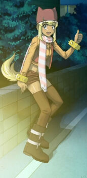 anime_screenshot blonde_hair liru renkin_san-kyuu_magical_pokaan scarf solo tail thighhighs wolf_tail zettai_ryouiki