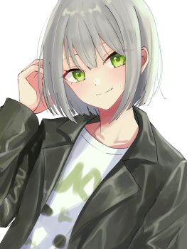 Rule 34 | 1girl, black jacket, blunt ends, bob cut, closed mouth, collarbone, commentary request, crew neck, dot nose, dutch angle, green eyes, grey hair, hair between eyes, hand in own hair, hand up, head tilt, highres, hinomori shiho, jacket, lapels, leather, leather jacket, long sleeves, looking at viewer, notched lapels, official alternate costume, official alternate hairstyle, open clothes, open jacket, project sekai, shirt, short hair, sidelocks, simple background, smile, solo, t-shirt, tiramisu 002, upper body, white background, white shirt, zozotown