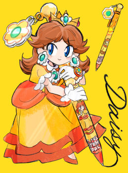 1girl absurdres brown_hair crown dress earrings flower_earrings gloves highres jewelry long_hair mario_(series) nintendo orange_background orange_dress orange_shoes pen princess_daisy puffy_short_sleeves puffy_sleeves rakugaki_shitagari-ya shoes short_sleeves simple_background smile white_gloves