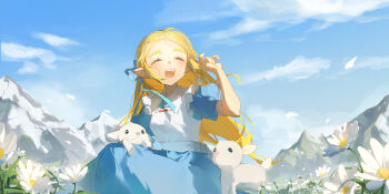 1girl absurdres baby_animal blonde_hair blue_dress blue_ribbon blue_sky closed_eyes cloud commentary creature daisy_(flower) dress falling_petals field flower flower_field frilled_dress frills hair_ribbon hand_up highres lamb long_hair mountainous_horizon nintendo open_mouth outdoors petals princess_zelda ribbon sheep short_sleeves sky smile solo symbol-only_commentary teeth the_legend_of_zelda two-tone_dress upper_teeth_only white_dress white_flower white_petals yumiyumo3o
