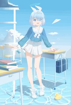 1girl absurdres arona_(blue_archive) blue_archive blue_eyes blue_hair blue_halo blue_shirt blue_sky book book_stack braid bubble choker commentary_request desk eyelashes full_body halo highres jiyue_(murasame524) long_sleeves looking_at_viewer open_mouth paper_airplane rubber_duck sailor_collar school_desk school_uniform shirt shoes skirt sky solo whale_ornament white_shoes white_skirt