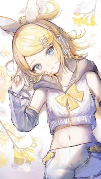 1girl absurdres blonde_hair blue_eyes bow bowtie commentary cowboy_shot crop_top cropped detached_sleeves elbow_gloves feathers fingerless_gloves flower freesia_(flower) gloves grey_sleeves hair_bow hair_ornament hairclip hand_up head_tilt headphones highres hood hood_down hooded_jacket jacket kagamine_rin kagamine_rin_(nt) long_sleeves looking_at_viewer lying midriff nail_polish navel on_back parted_lips piapro_studio pipi_(pipinavigation) ponytail sailor_jacket see-through_clothes see-through_sleeves shirt short_hair short_ponytail short_shorts shorts sidelocks sleeveless sleeveless_jacket sleeveless_shirt solo swept_bangs treble_clef vocaloid white_bow white_feathers white_gloves white_shirt white_shorts wing-shaped_bow yellow_bow yellow_bowtie yellow_flower yellow_nails yellow_trim