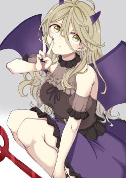 1girl ahoge alternate_costume bare_shoulders bat_wings black_nails black_skirt blonde_hair breasts cleavage closed_mouth collarbone commentary fingernails fingersmile forced_smile gradient_background grey_background hair_between_eyes halloween_costume hand_up highres horns long_fingernails long_hair long_hair_between_eyes looking_at_viewer looking_up make_heroine_ga_oo_sugiru! medium_breasts mono9ron mouth_pull nail_polish off-shoulder_shirt off_shoulder polearm purple_horns purple_skirt sanpaku shikiya_yumeko shirt skirt solo squatting trident v weapon white_background wings yellow_eyes
