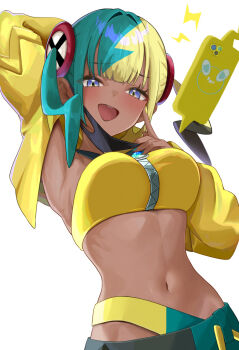 1girl aqua_hair arm_behind_head armpits bandeau black_mask blonde_hair blue_eyes blush breasts canari_(pokemon) center-flap_bangs criss-cross_straps dark_skin gen_4_pokemon highres jacket large_breasts lightning_bolt_symbol long_sleeves looking_at_viewer mask mask_pull mega_stone mouth_mask multicolored_hair navel nintendo open_mouth pants pokemon pokemon_(creature) pokemon_legends:_z-a presenting_armpit revision rotom rotom_phone setta_shu short_twintails simple_background smile split-color_hair sports_bra stomach twintails two-tone_hair two-tone_mask two-tone_pants upper_body white_background yellow_bandeau yellow_jacket yellow_mask yellow_sports_bra