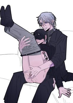 2girls arm_tattoo black_coat black_footwear black_hair black_pants black_shirt blindfold breasts chief_(path_to_nowhere) clothes_lift clothes_pull coat commentary earrings female_chief_(path_to_nowhere) fingering grey_hair grey_pants hand_on_another&#039;s_leg hashtag-only_commentary highres jewelry jian1017 large_breasts legs_up long_sleeves medium_hair multiple_girls nipple_clamps nipple_stimulation nipples open_mouth pants pants_pull path_to_nowhere pussy pussy_juice reach-around shirt shirt_lift simple_background sweat tattoo uncensored vaginal white_background yuri zoya_(path_to_nowhere)