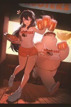 Rule 34 | 1boy, 1girl, absurdres, alcohol, alternate costume, animification, armpits, bare arms, bare legs, beer, beer mug, belly, bird, blue eyes, blue hair, breasts, cleft chin, cosplay, crossover, cup, employee uniform, family guy, fat, fat man, fire emblem, fire emblem awakening, flip-flops, food, food in mouth, full body, glasses, hand up, highres, holding, holding cup, holding plate, hooters, kowai (iamkowai), long hair, lucina (fire emblem), medium breasts, mug, nintendo, orange shorts, peter griffin, plate, print tank top, round eyewear, running, sandals, short hair, short shorts, shorts, tank top, tiara, very long hair, very short hair, waiter, waitress, wide face