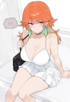 1girl absurdres alternate_costume bag bare_arms bluefield blush breasts choker cleavage closed_mouth dress earrings feather_earrings feathers gradient_hair green_choker green_feathers green_hair handbag highres hololive hololive_english jewelry knees_together_feet_apart large_breasts long_hair looking_at_viewer multicolored_hair orange_hair pleated_dress purple_eyes short_dress sitting sleeveless sleeveless_dress solo spaghetti_strap spoken_blush sweat takanashi_kiara train_interior virtual_youtuber white_dress