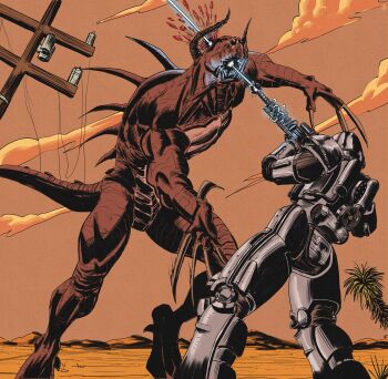 Rule 34 | absurdres, armor, blood, blood splatter, blood spray, brotherhood of steel, claw mark, claws, death, deathclaw, desert, energy gun, energy weapon, f3lla, fallout, firing, full armor, gunshot wound, headshot, highres, horns, laser rifle, monster, post-apocalypse, power armor, power armor (fallout), power lines, tail, weapon