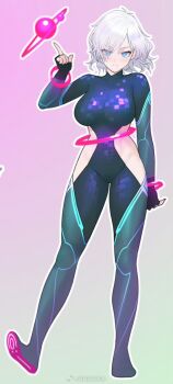 1girl arm_up black_gloves blue_eyes bodysuit breasts fingerless_gloves gloves gorgeous_mushroom green_background large_breasts looking_at_viewer original pink_background short_hair simple_background smile solo standing stomach white_hair