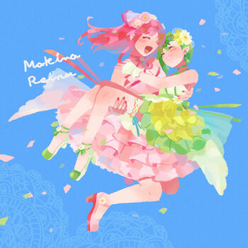 2girls absurdres blue_background breasts carrying carrying_person cleavage dress flower green_dress green_hair hair_flower hair_ornament highres macross macross_delta makina_nakajima md5_mismatch multiple_girls pink_dress pink_hair princess_carry reina_prowler ro_(tuyu_416) wedding_dress yuri