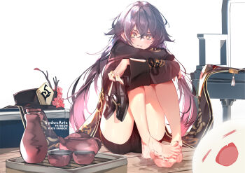 1girl bare_shoulders barefoot black_headwear black_shorts brown_hair chinese_clothes cup closed_eyes feet genshin_impact ghost hat hu_tao_(genshin_impact) legs looking_at_viewer nail_polish red_eyes shorts sitting smile soles star-shaped_pupils star_(symbol) sweat sydus symbol-shaped_pupils tailcoat tea teacup teapot toenail_polish toenails toes top_hat