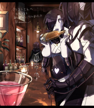 1girl 2boys alcohol alternate_universe android armored_gloves artist_name beer_bottle black_gloves black_hair black_sclera bottle cape ceiling_light champagne colored_sclera commentary commission cowboy_shot cup drinking_glass elbow_gloves english_commentary face-to-face fins frisk_(undertale) gloves gold_necklace grey_tongue hair_over_one_eye hair_tie hands_up head_fins heart heart_necklace highres holding holding_bottle indoors jacket jewelry letterboxed light_particles long_hair looking_at_another low_ponytail mechanical_arms mettaton mettaton_ex multiple_boys necklace one_eye_covered open_mouth picture_frame plant ponytail potted_plant red_wine ruannu sharp_teeth shelf short_hair standing sweatdrop table teeth tongue translation_request undertale undyne utdr_(toby_fox) white_cape white_eyes white_gloves white_jacket wine wine_glass wooden_ceiling wooden_table wooden_wall xtale