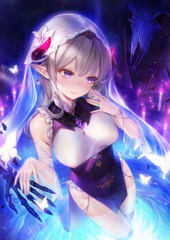 1girl absurdres bare_shoulders black_dress breasts closed_mouth covered_erect_nipples covered_navel detached_sleeves dress highres horns large_breasts long_hair looking_to_the_side no_panties original pelvic_curtain pointy_ears purple_dress purple_eyes sidelocks sleeveless sleeveless_dress smile solo taut_clothes taut_dress thighhighs thighs veil water white_hair white_thighhighs yahiro_(heartseek000)