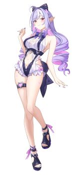 1girl absurdres black_shoes bow bowtie breasts clothing_cutout commentary_request drill_hair drill_sidelocks full_body heart_cutout high_heels highres long_hair looking_at_viewer medium_breasts official_alternate_costume one-piece_swimsuit pointy_ears purple_bow purple_bowtie purple_hair purple_nails red_eyes shoes sidelocks smile solo stomach_cutout swimsuit transparent_background vic_1223 vivian_banshee vivian_banshee_(iris_of_the_shore) white_one-piece_swimsuit zenless_zone_zero