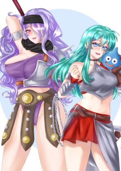 2girls absurdres black_headband blue_background blue_eyes breasts camilla_(fire_emblem) closed_mouth commentary cosplay crop_top double-parted_bangs dragon_quest dragon_quest_ix earrings eirika_(fire_emblem) english_commentary fire_emblem fire_emblem:_the_sacred_stones fire_emblem_fates fire_emblem_heroes gloves griff hair_between_eyes hair_over_one_eye headband highres holding holding_weapon jewelry large_breasts long_hair looking_at_viewer medium_breasts multiple_girls navel nintendo open_mouth parted_bangs red_eyes sidelocks simple_background single_glove skirt slime_(dragon_quest) smile stomach tongue two-tone_background upper_body wavy_hair weapon white_background