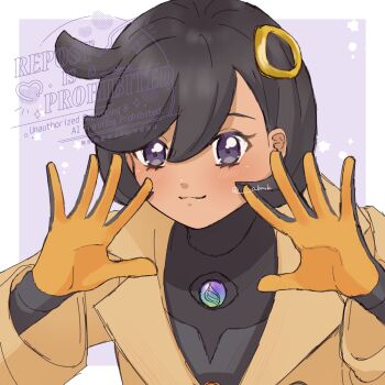 1girl abemakitime black_bodysuit black_hair bodysuit closed_mouth collared_jacket commentary_request emma_(pokemon) gloves grey_background hands_up highres jacket light_blush long_sleeves nintendo pokemon pokemon_legends:_z-a ring_hair_ornament short_hair smile solo spread_fingers twitter_username watermark yellow_jacket