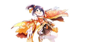 1girl black_sandals black_skirt breasts detached_sleeves game_cg gloves green_eyes high_side_ponytail highres japanese_clothes kaede_(lapis_re:lights) kimono lapis_re:lights leaf_print maple_leaf_hair_ornament official_art orange_kimono orange_sleeves outstretched_arms print_kimono purple_hair sandals short_hair short_side_ponytail simple_background skirt sleeveless sleeveless_kimono small_breasts solo sparkle spread_arms standing standing_on_one_leg tassel thighhighs third-party_source transparent_background white_gloves white_thighhighs wide_sleeves zettai_ryouiki
