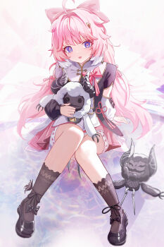 1girl :d absurdres ahoge black_shoes black_socks bow chinese_commentary cloudy_(wuthering_waves) collar commentary_request cosmos_(wuthering_waves) dress encore_(wuthering_waves) hair_bow hair_intakes hair_ornament highres holding holding_stuffed_toy knees_together_feet_apart long_hair looking_at_viewer open_mouth pink_bow pink_dress pink_hair pink_pupils pink_skirt purple_eyes shoes sitting skirt smile socks solo stuffed_toy white_collar wuthering_waves wuzhihuijia