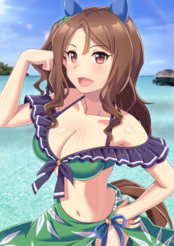 1girl animal_ears bare_shoulders bikini blue_sky blush bow breasts brown_hair cleavage cloud collarbone ear_bow ear_covers ear_ribbon green_bikini green_bow green_sarong hair_between_eyes highres horse_ears horse_girl horse_tail king_halo_(umamusume) large_breasts long_hair looking_at_viewer navel norizou open_mouth outdoors red_eyes sarong sky smile solo stomach swimsuit tail umamusume water