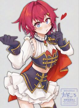 0no00on 1girl aiguillette ange_katrina blue_cape blue_eyes blue_gloves blue_shirt blue_skirt blush cape clothing_cutout commentary cowboy_shot cropped_shirt crossed_bangs frilled_shirt_collar frills gloves gold_trim gradient_eyes grey_background hair_intakes hands_up headset heart highres index_finger_raised layered_shirt layered_skirt long_sleeves looking_at_viewer medium_hair midriff miniskirt multicolored_eyes nijisanji nijisanji_idol_uniform puckered_lips purple_eyes raised_inner_eyebrows red_cape red_hair shirt shoulder_cutout side_cape simple_background skirt sleeve_cuffs solo symbol-only_commentary twitter_username two-sided_cape two-sided_fabric virtual_youtuber watermark white_shirt white_skirt wolf_cut